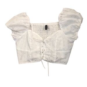 White Eyelet Lace-Up Crop Top with Puff Sleeves Size L Coquette Boho Cottagecore